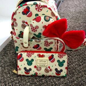 Mickey Christmas cookie Loungefly mini backpack with matching ears and wallet.